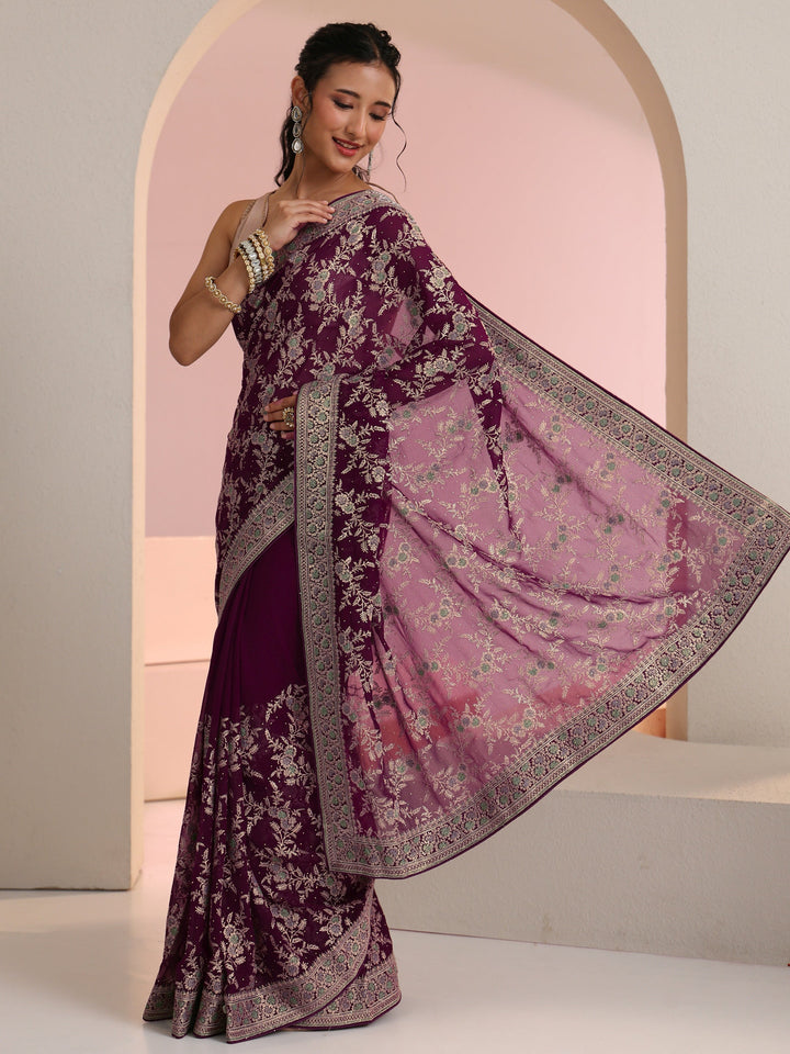 Libas Wine Red Floral  Embroidered Georgette Saree
