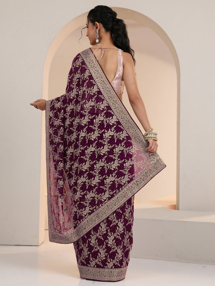 Libas Wine Red Floral  Embroidered Georgette Saree