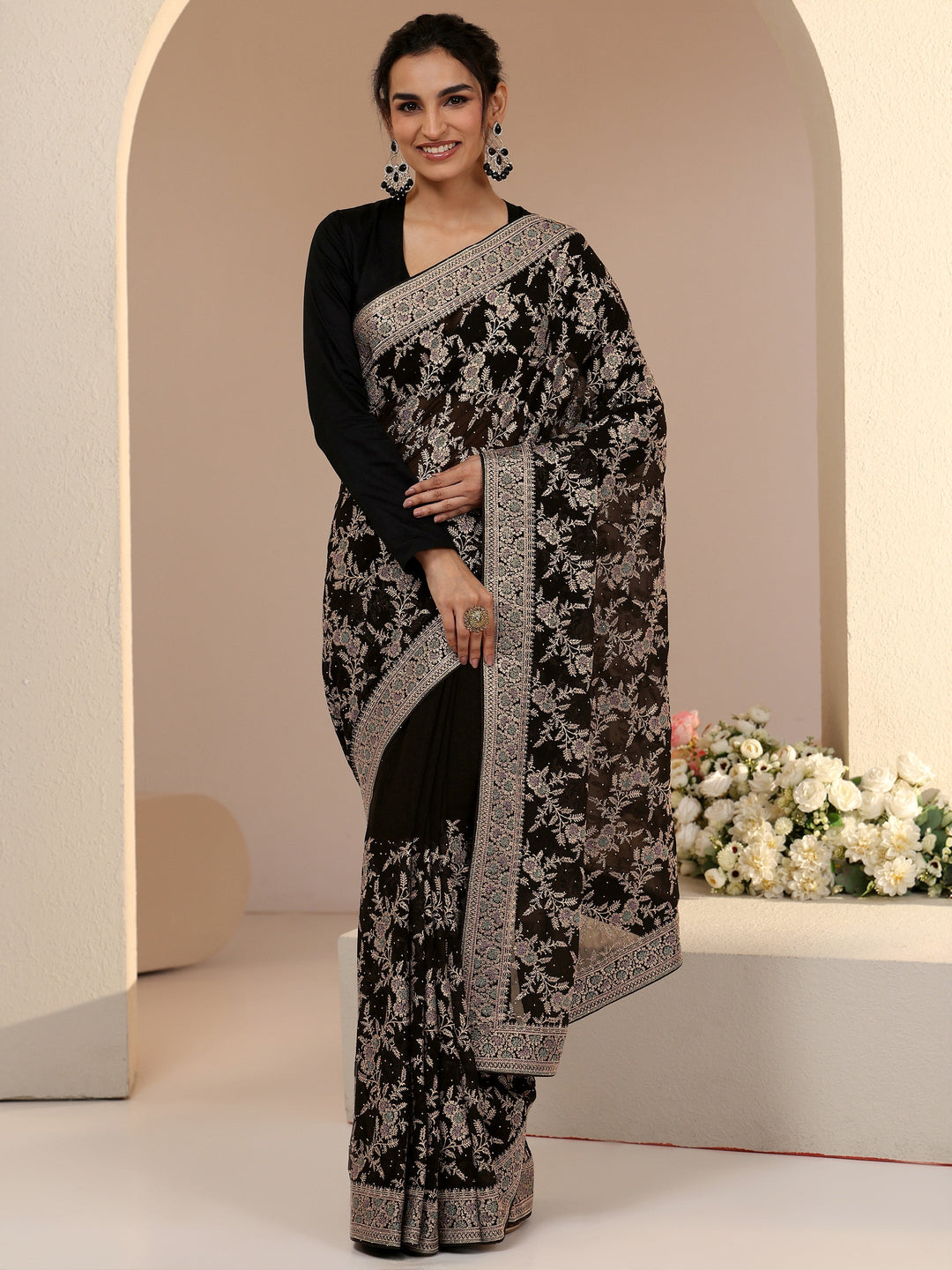 Libas Black Floral Embroidered Georgette Saree