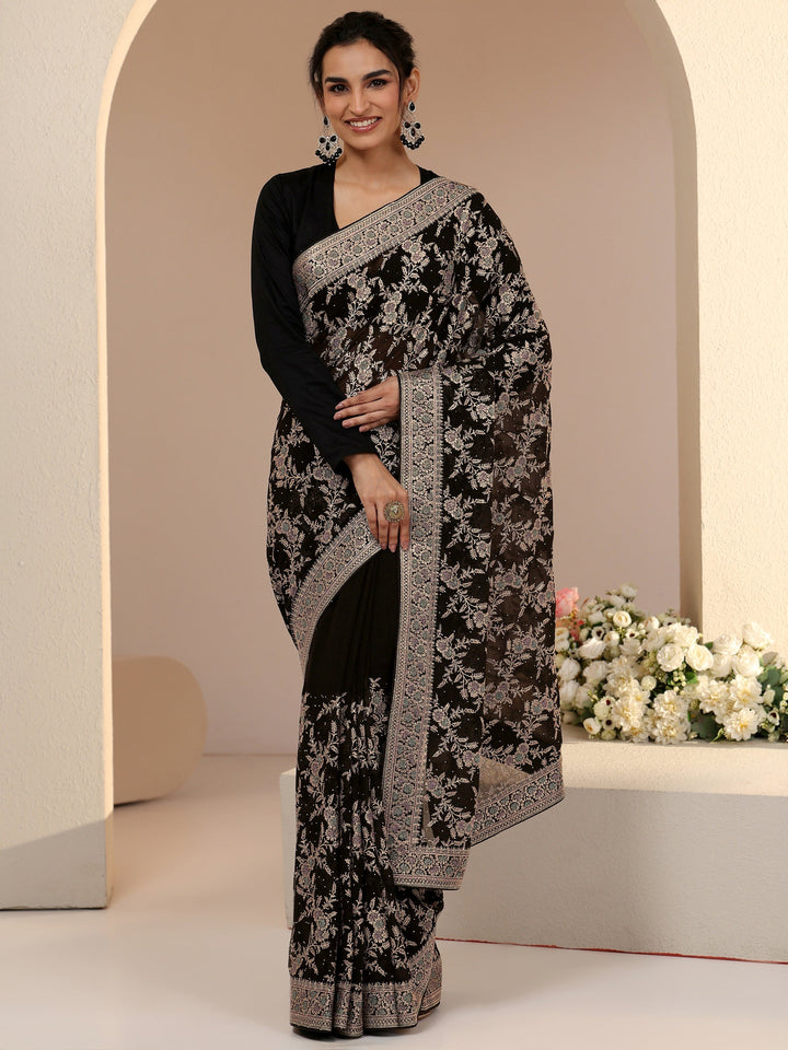 Libas Black Floral Embroidered Georgette Saree