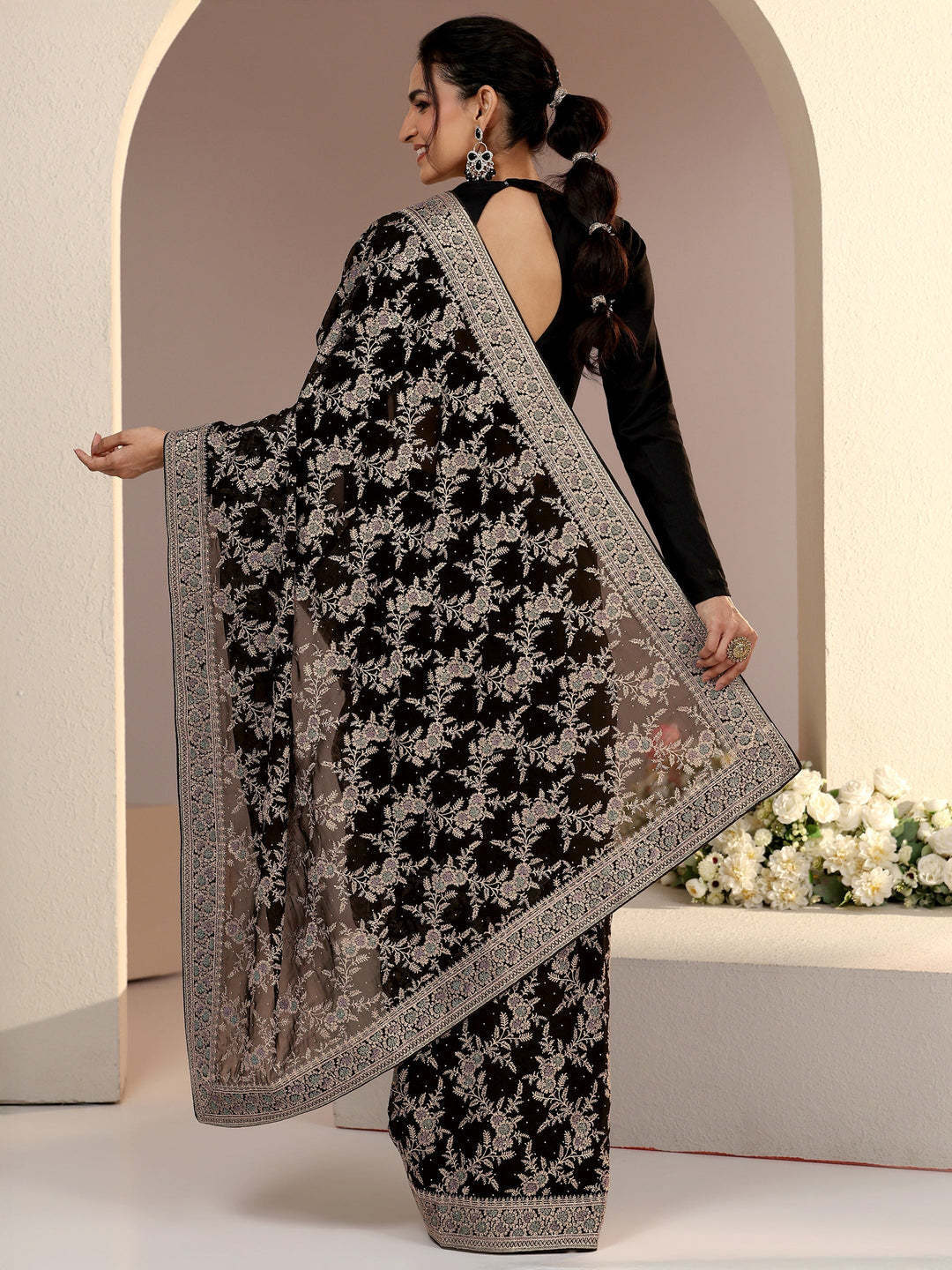 Libas Black Floral Embroidered Georgette Saree