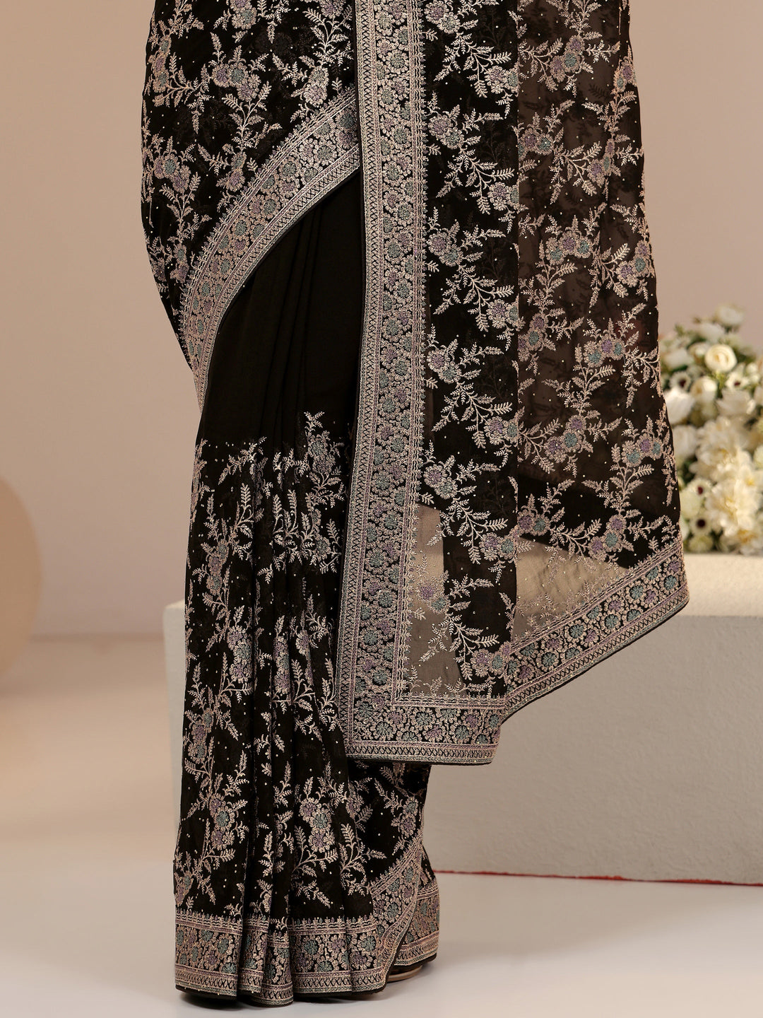 Libas Black Floral Embroidered Georgette Saree