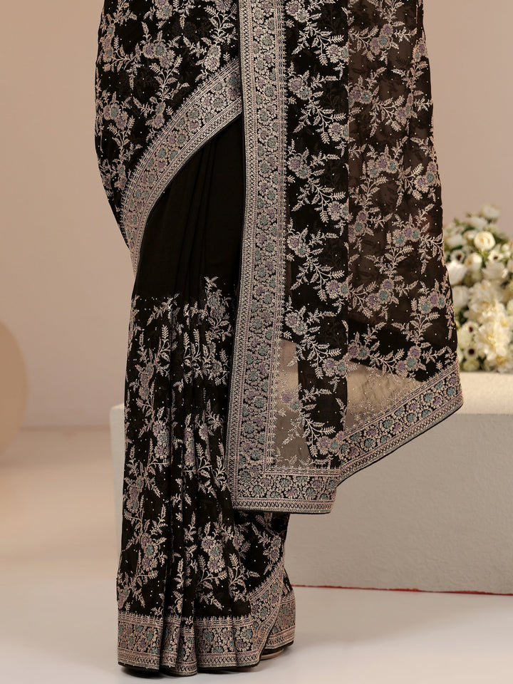 Libas Black Floral Embroidered Georgette Saree