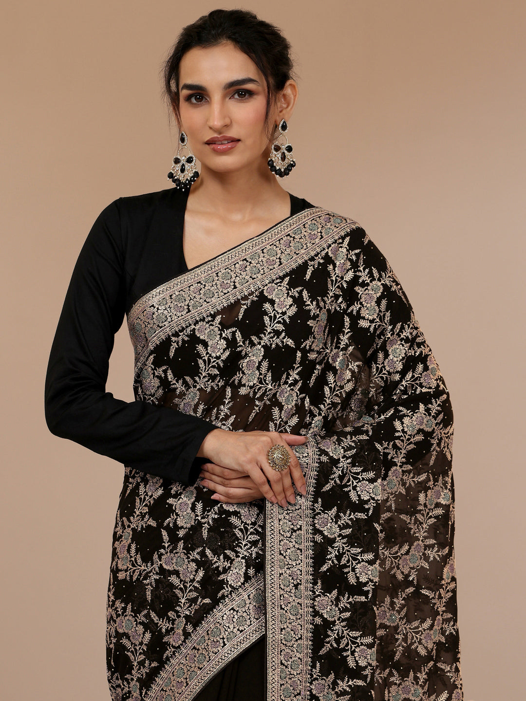 Libas Black Floral Embroidered Georgette Saree