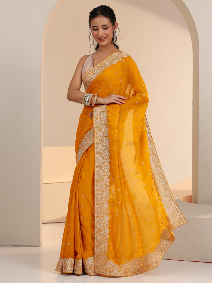 Libas Golden Mustard Embellished Tissue Saree