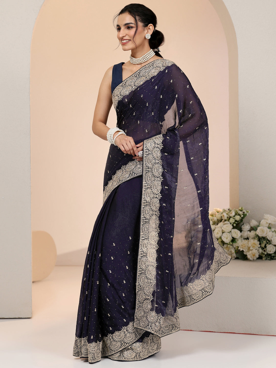 Libas Dark Purple Embellished Tissue Saree