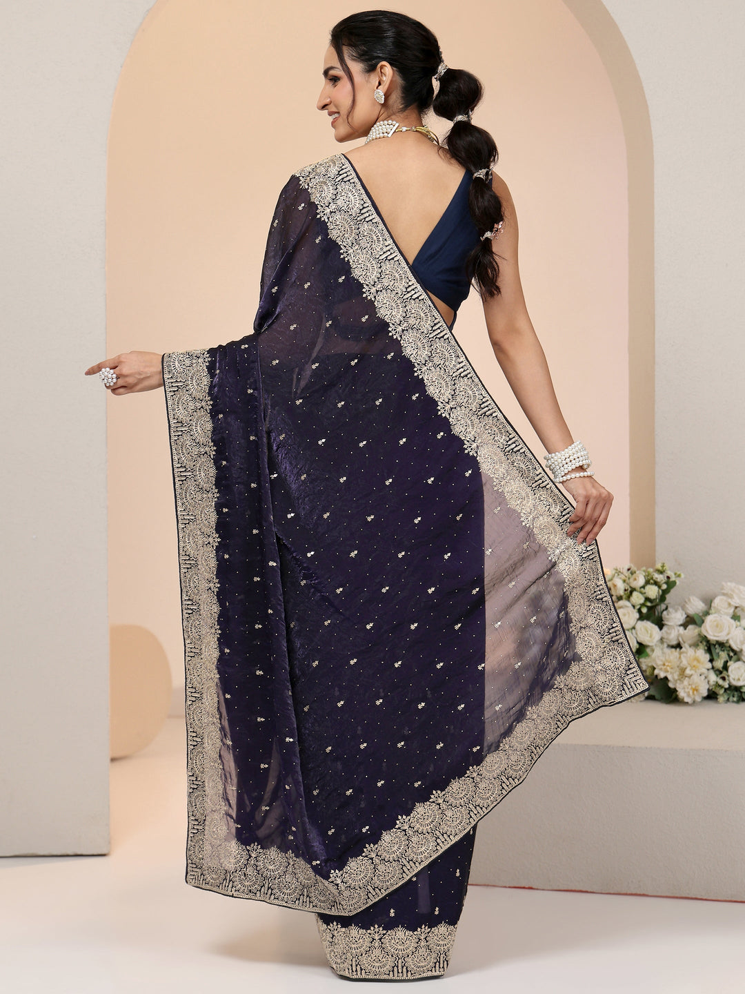 Libas Dark Purple Embellished Tissue Saree