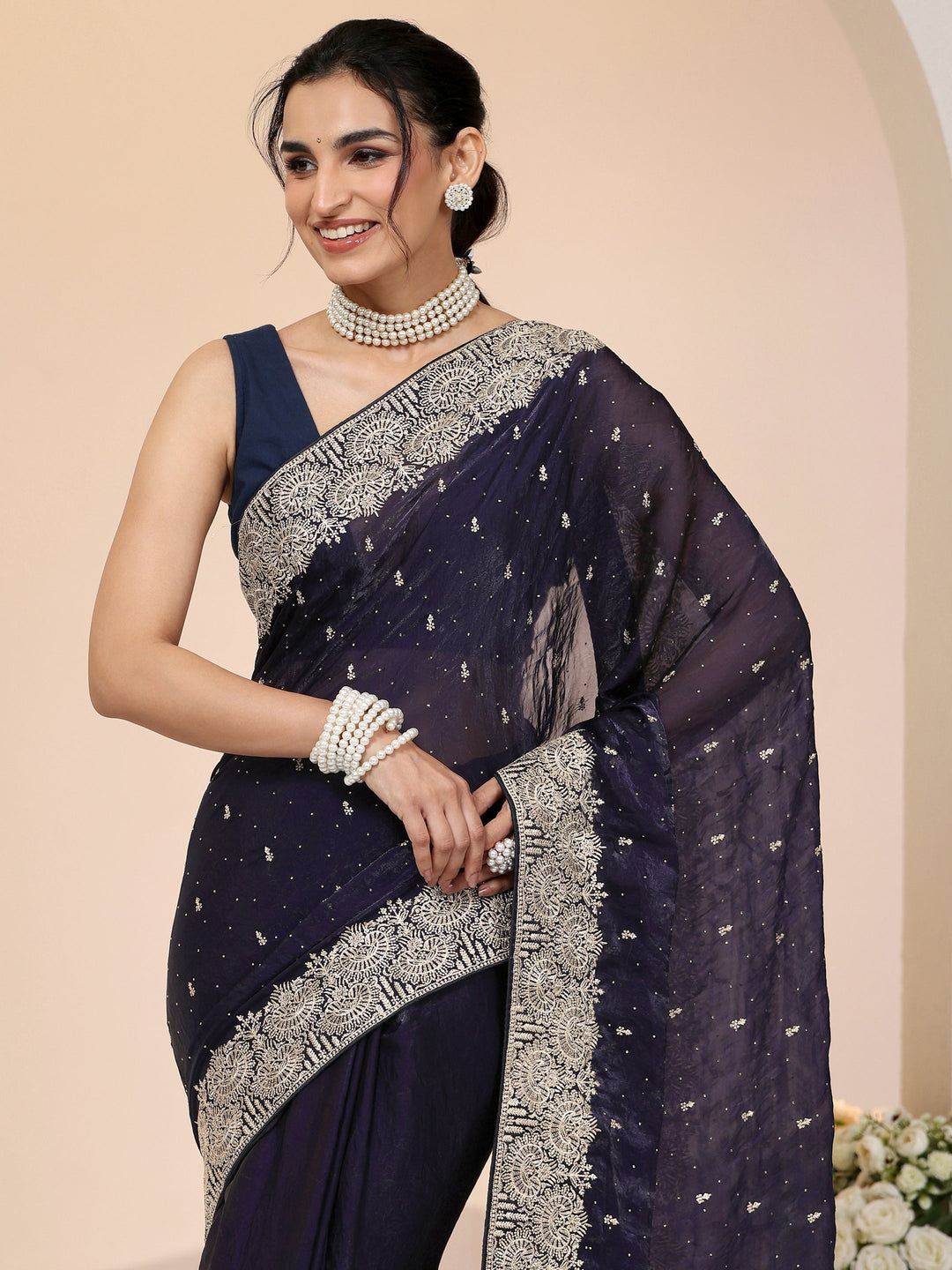 Libas Dark Purple Embellished Tissue Saree