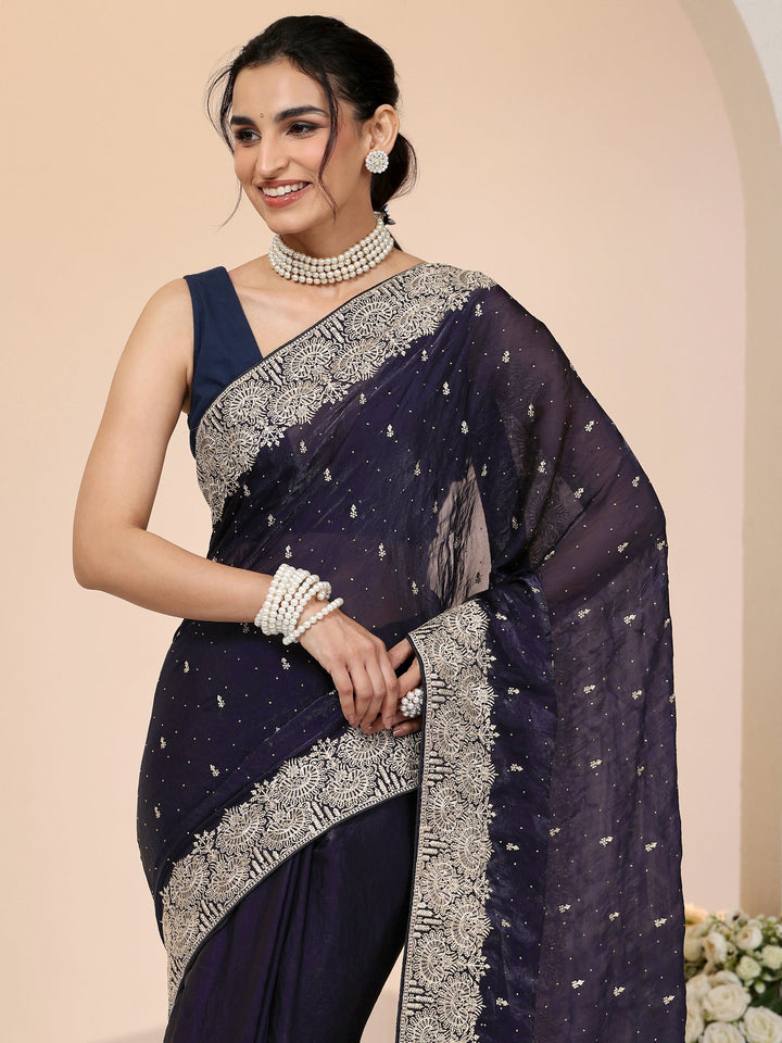 Libas Dark Purple Embellished Tissue Saree