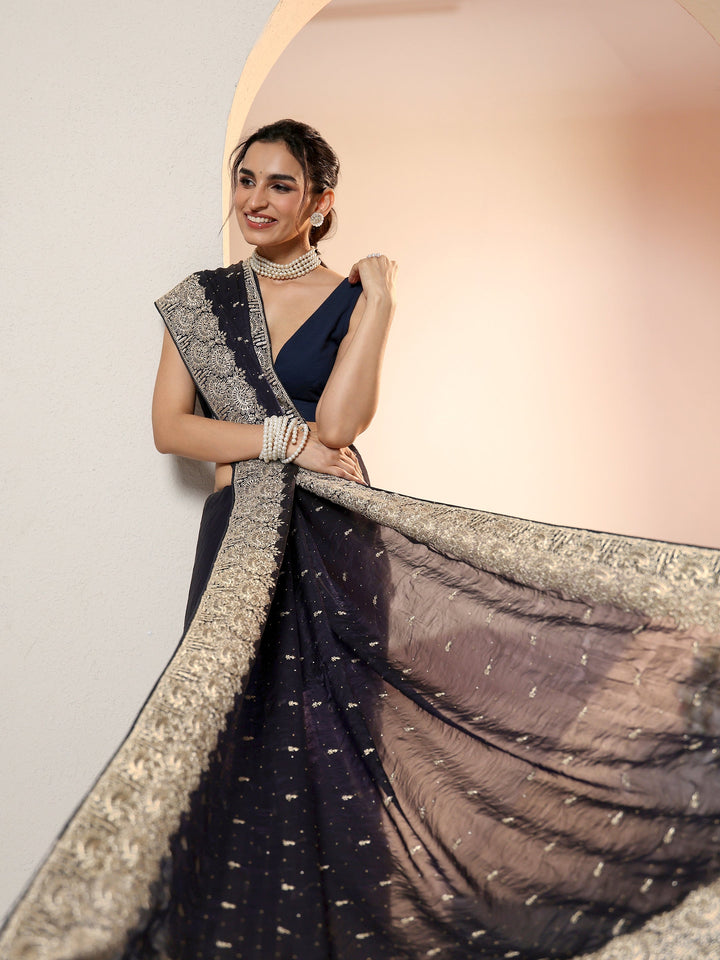 Libas Dark Purple Embellished Tissue Saree