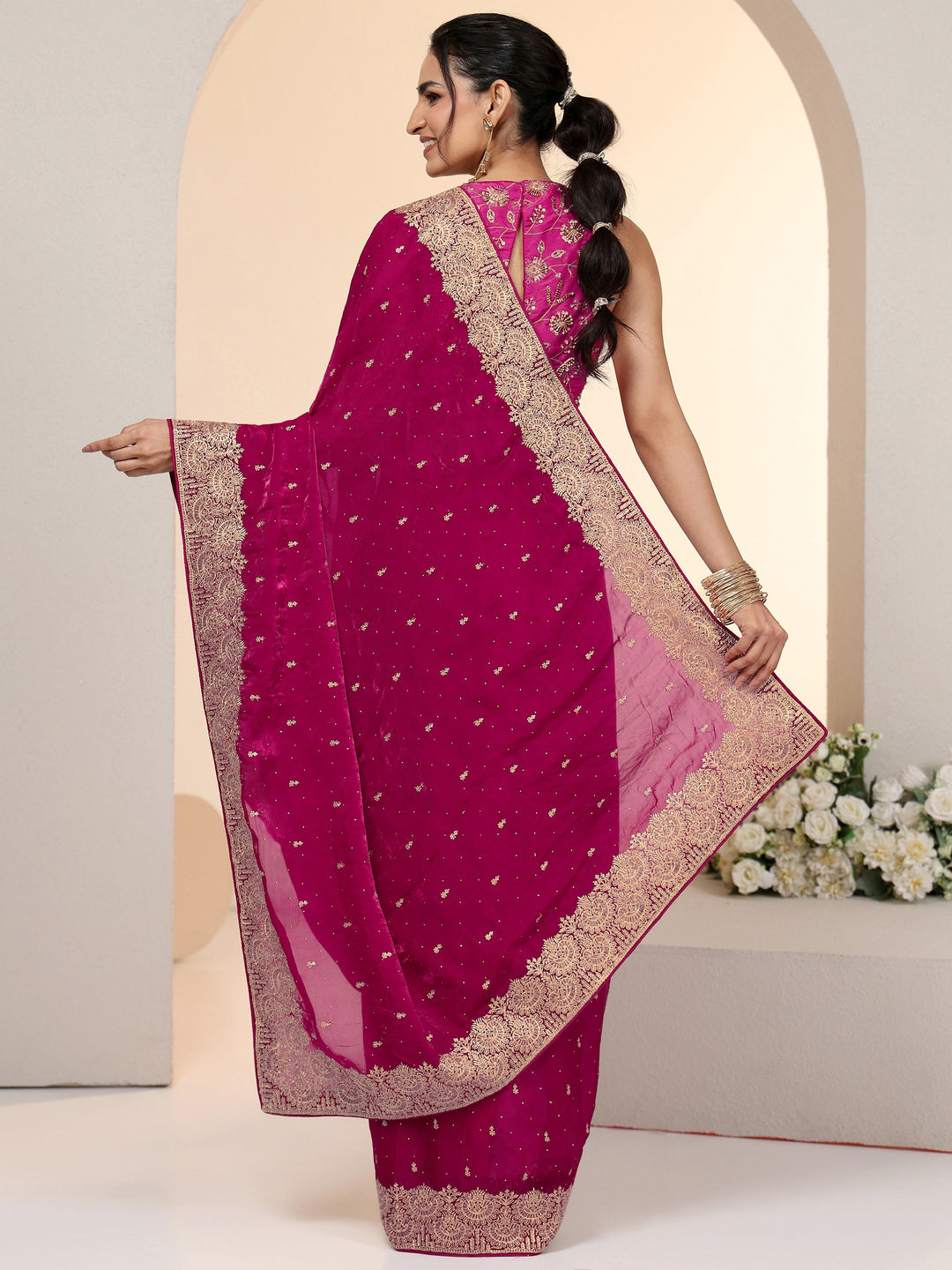 Libas Magenta Pink Embellished Tissue Saree
