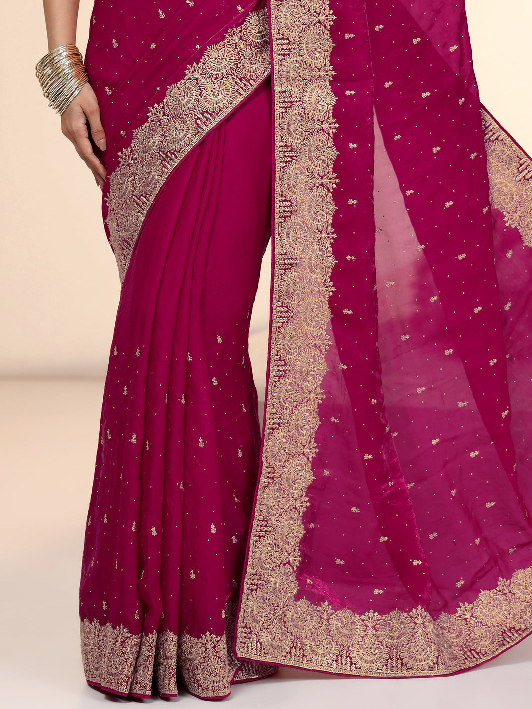 Libas Magenta Pink Embellished Tissue Saree