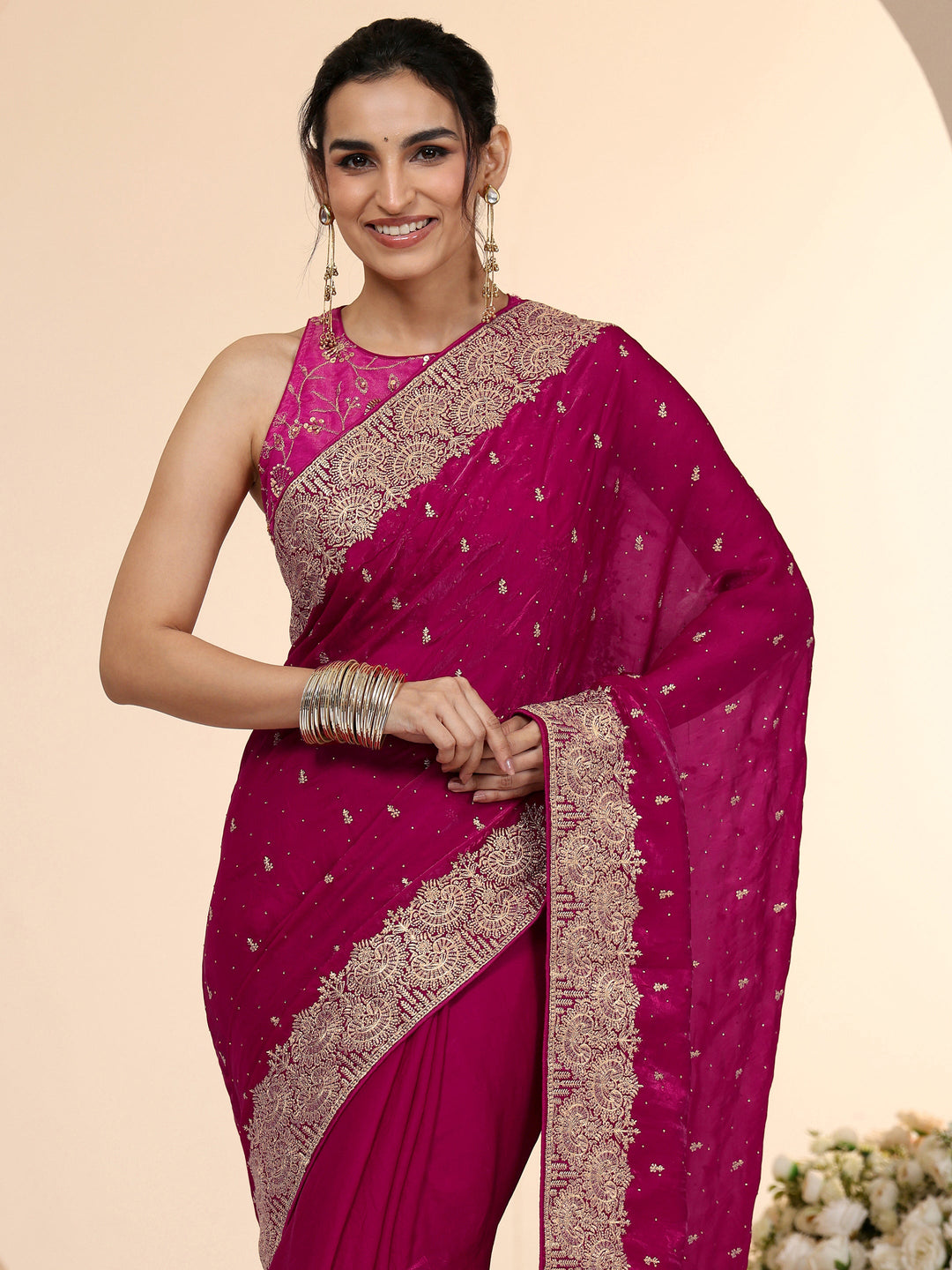 Libas Magenta Pink Embellished Tissue Saree