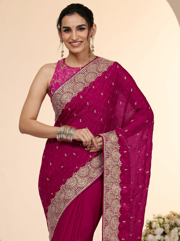 Libas Magenta Pink Embellished Tissue Saree