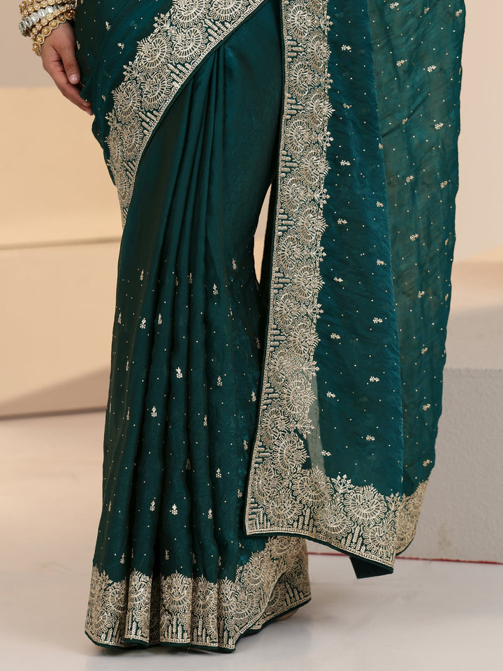 Libas Teal Green Embellished Tissue Saree