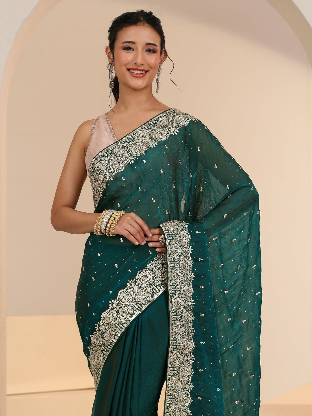 Libas Teal Green Embellished Tissue Saree
