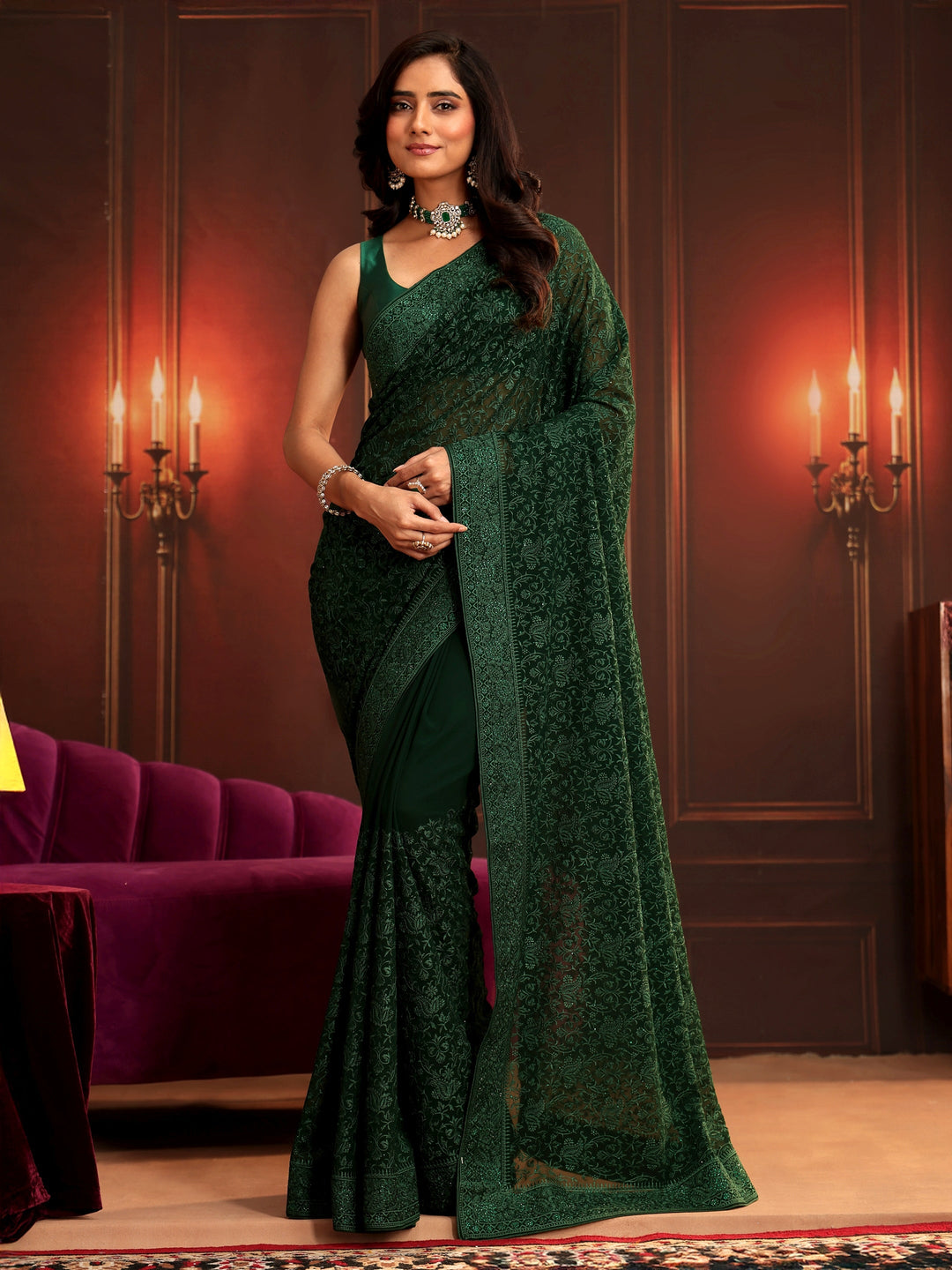 Libas Art Bottle Green Embroidered Georgette Saree