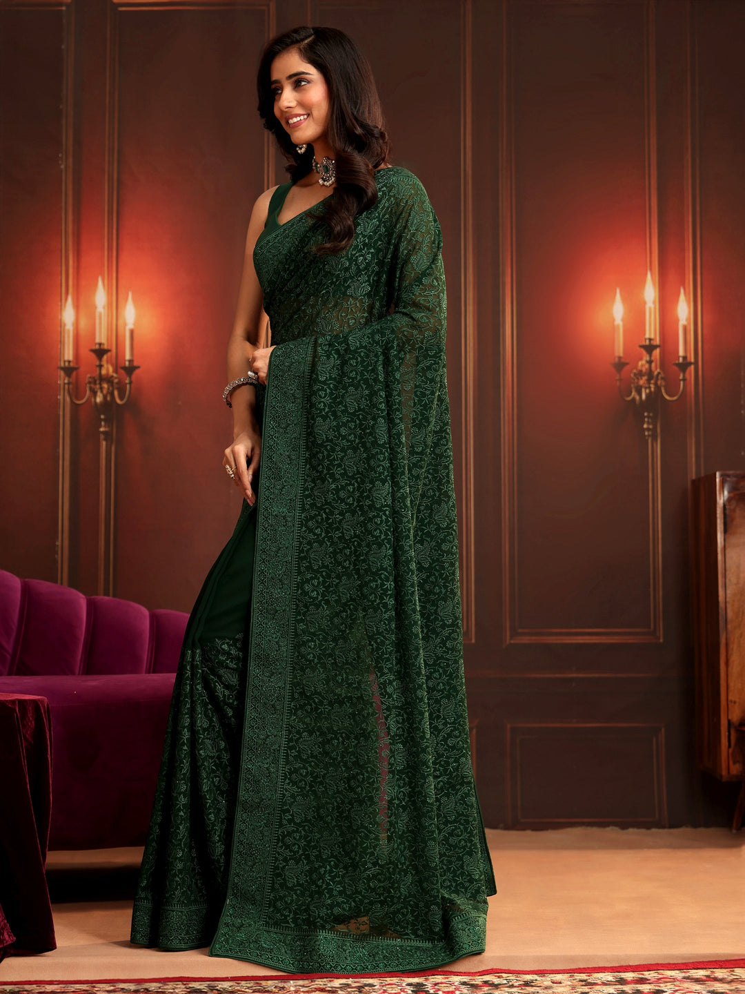 Libas Art Bottle Green Embroidered Georgette Saree