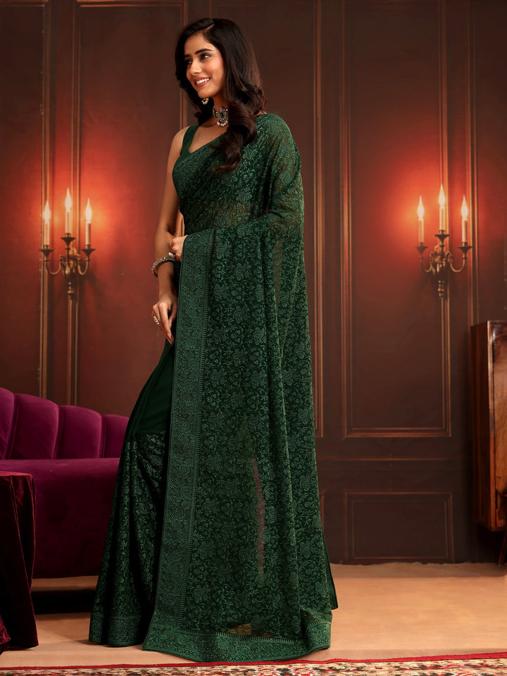 Libas Art Bottle Green Embroidered Georgette Saree