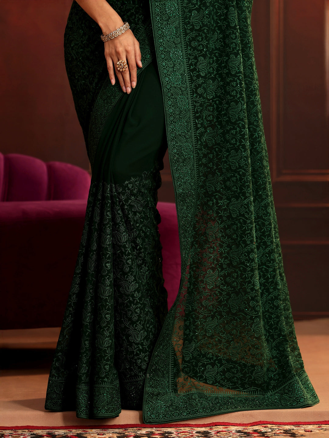Libas Art Bottle Green Embroidered Georgette Saree