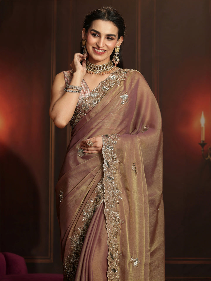 Libas Art Dusty Peach Pink Embellished Organza Saree