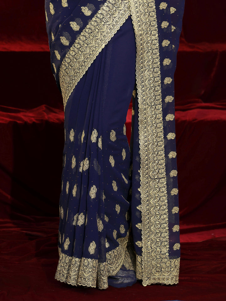 Libas Navy blue Embroidered Georgette Saree