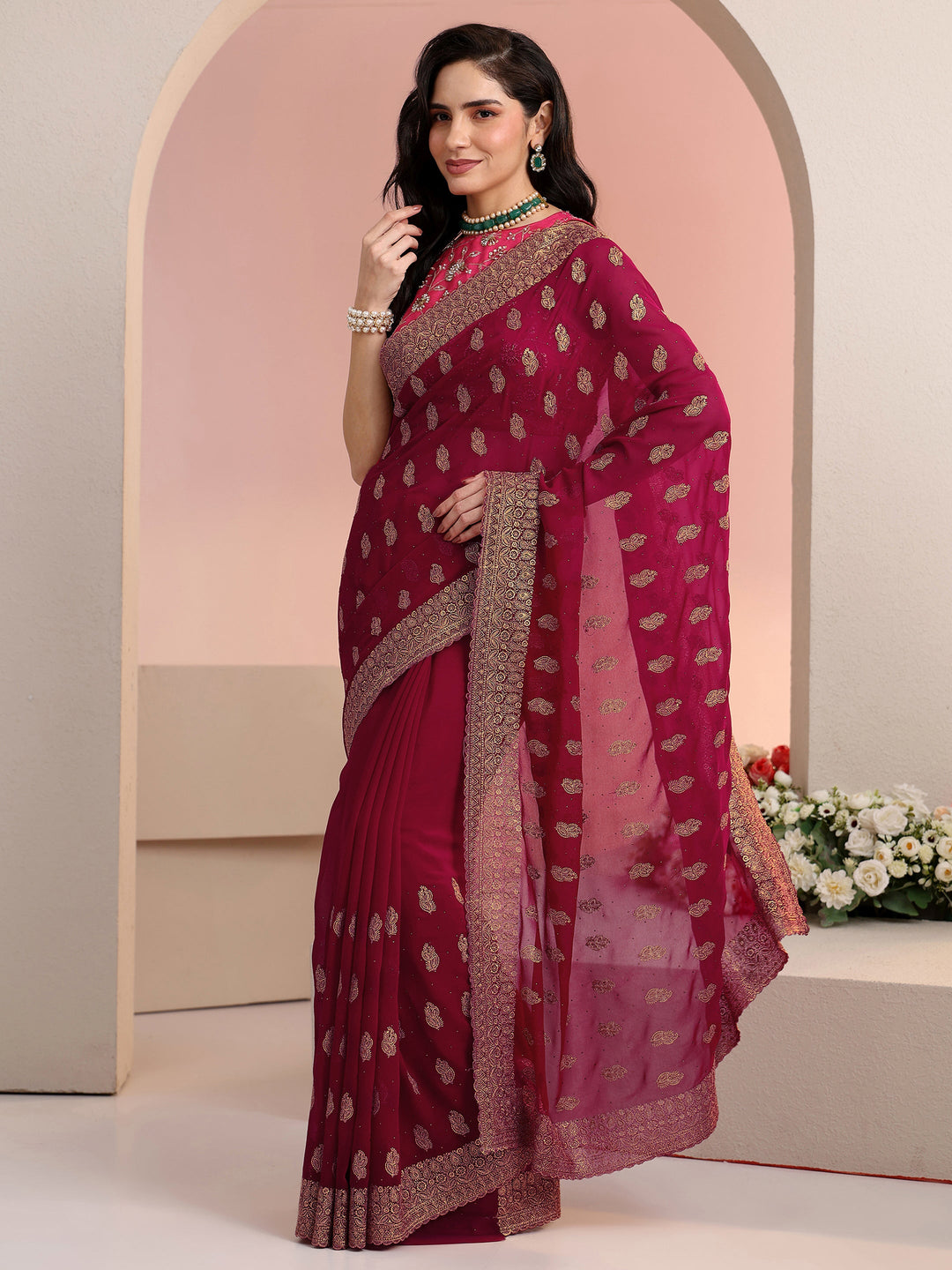 Libas Rani Pink Embroidered Georgette Saree