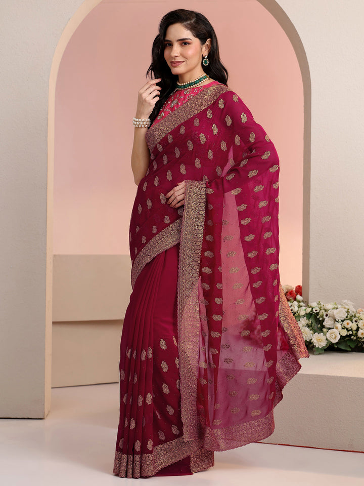 Libas Rani Pink Embroidered Georgette Saree