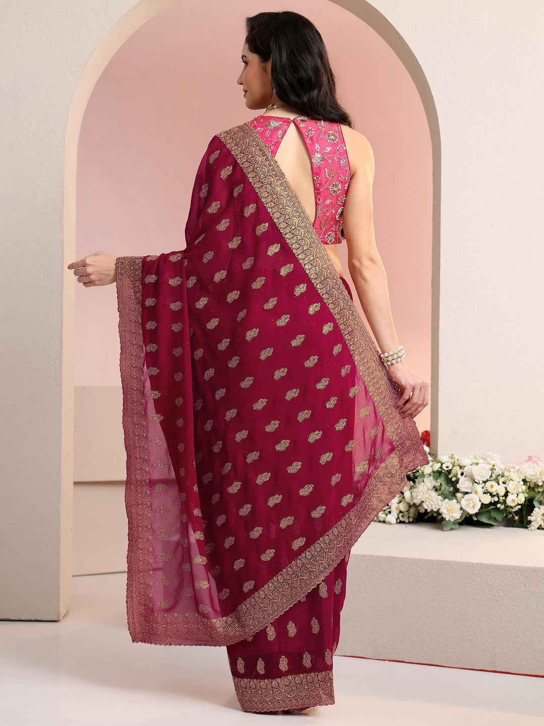 Libas Rani Pink Embroidered Georgette Saree