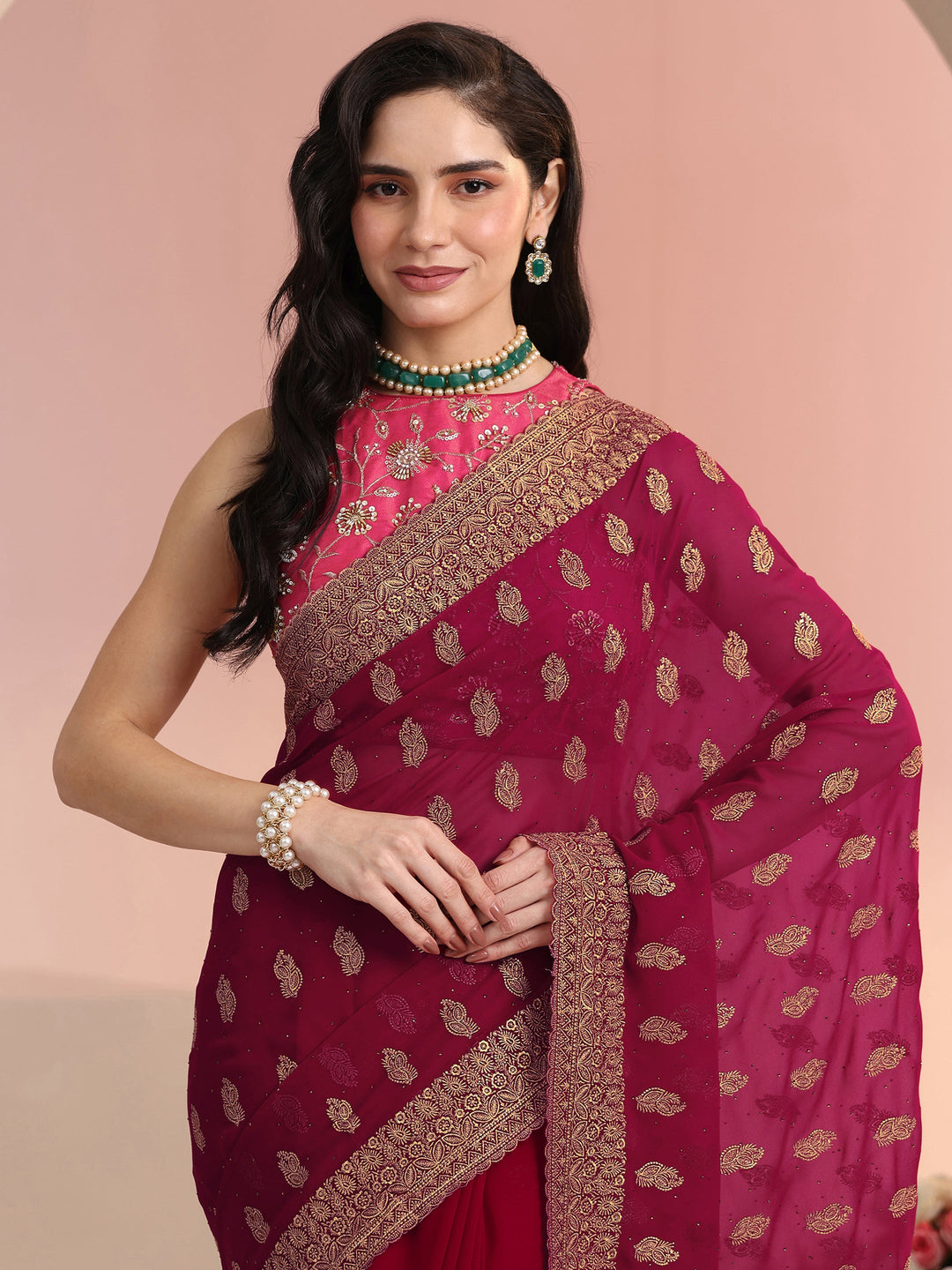 Libas Rani Pink Embroidered Georgette Saree