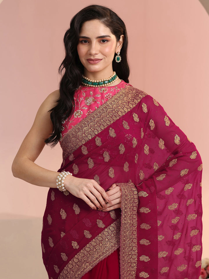 Libas Rani Pink Embroidered Georgette Saree