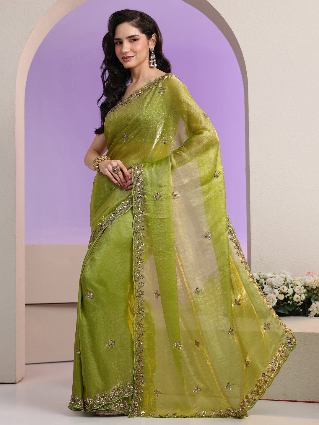 Libas Chartreuse Green Floral Embellished Tissue Saree