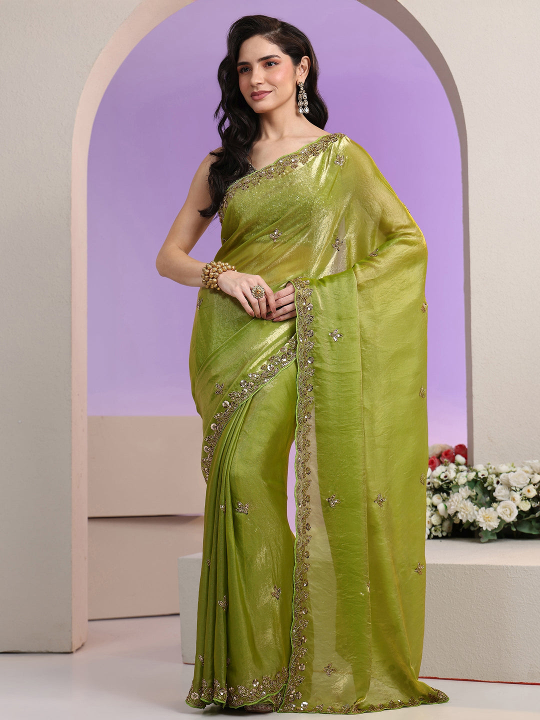 Libas Chartreuse Green Floral Embellished Tissue Saree