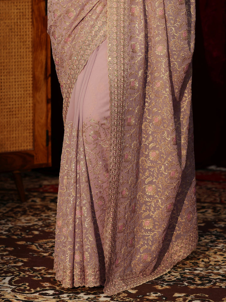 Libas Lilac Floral Embroidered Georgette Saree