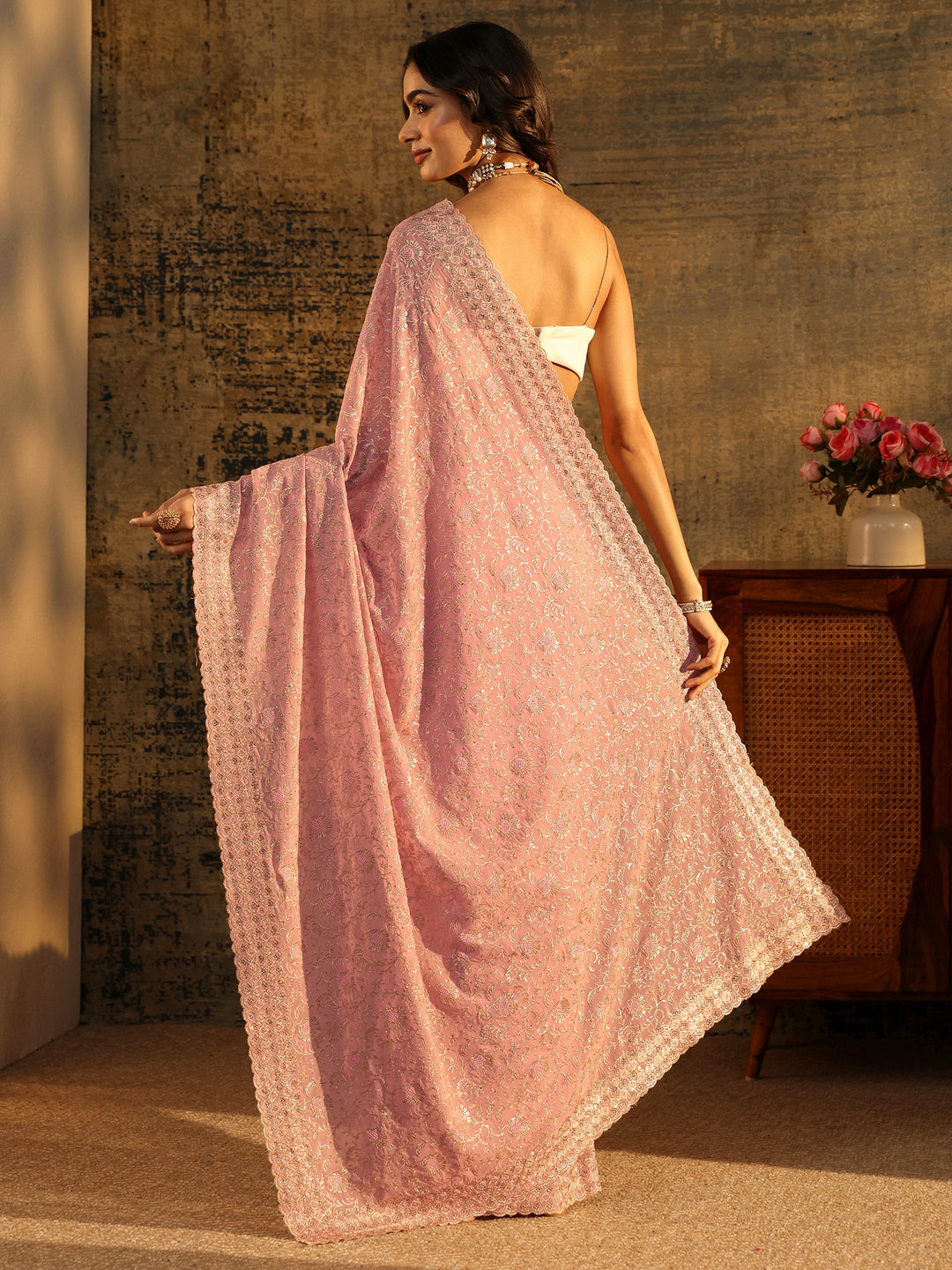 Libas Baby Pink Floral Embroidered Georgette Saree