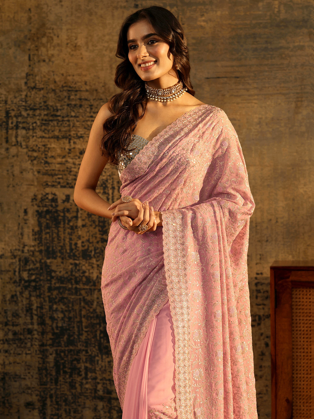Libas Baby Pink Floral Embroidered Georgette Saree