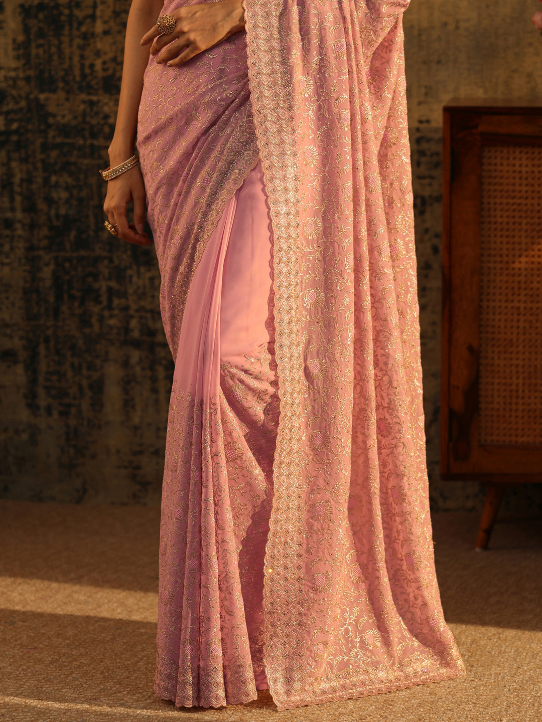 Libas Baby Pink Floral Embroidered Georgette Saree
