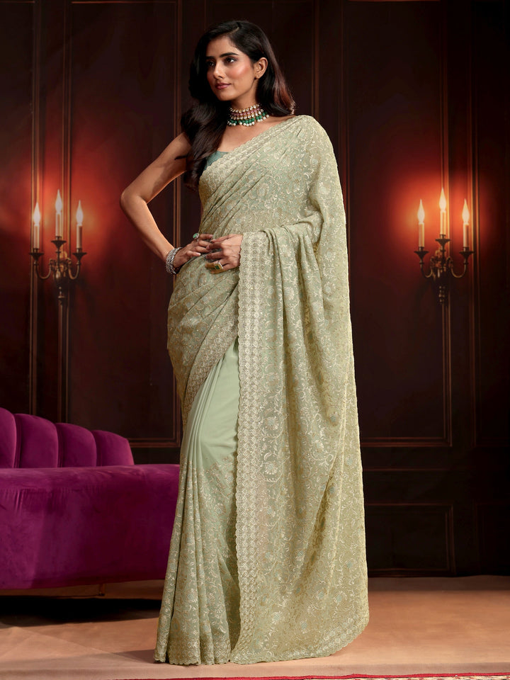 Libas Pista Green Embroidered Georgette Saree