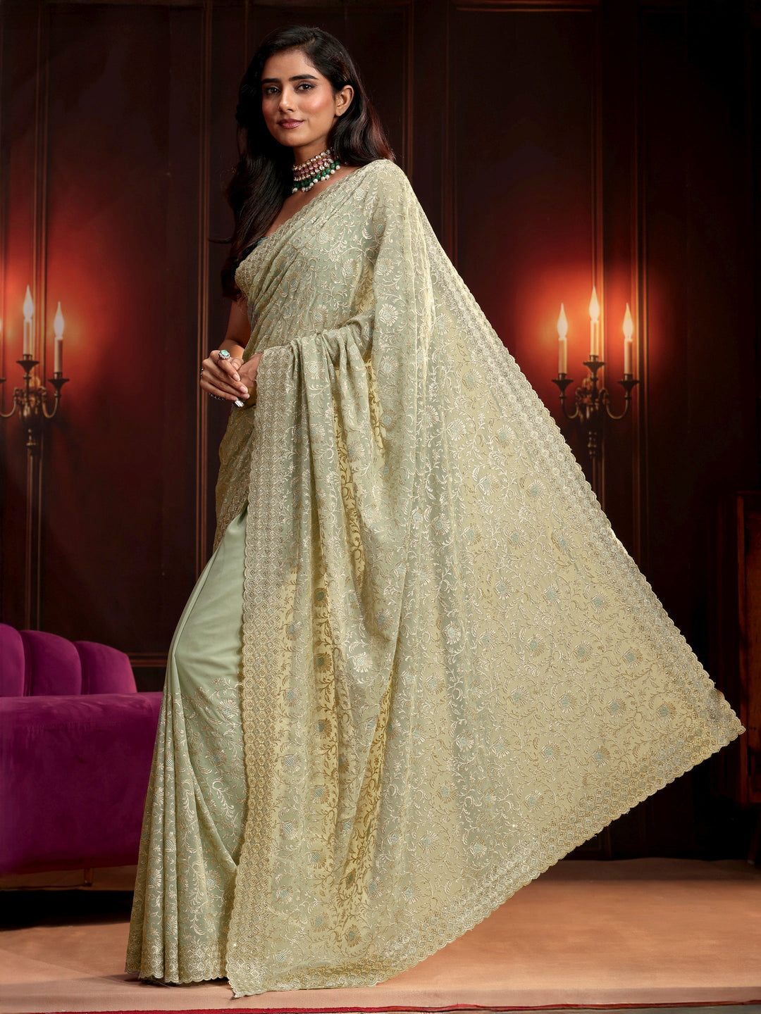 Libas Pista Green Embroidered Georgette Saree
