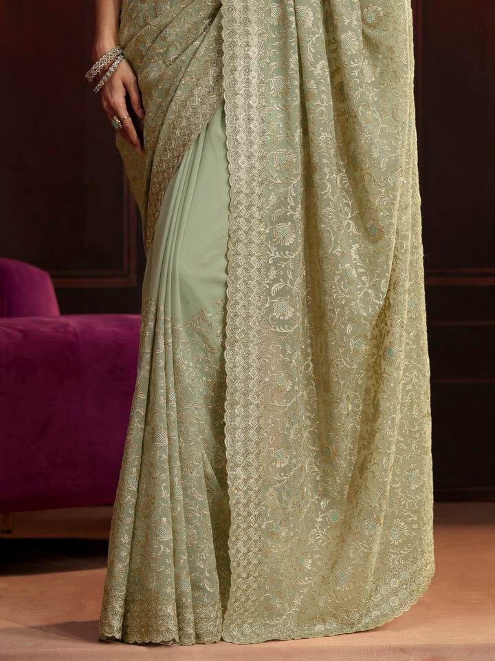 Libas Pista Green Embroidered Georgette Saree