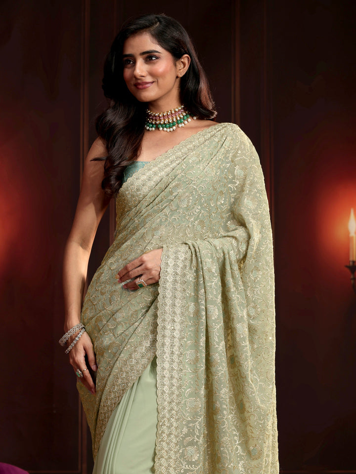 Libas Pista Green Embroidered Georgette Saree