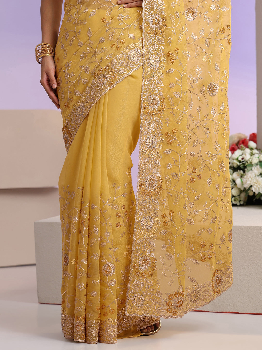 Libas Mustard Floral Embroidered Chiffon Saree