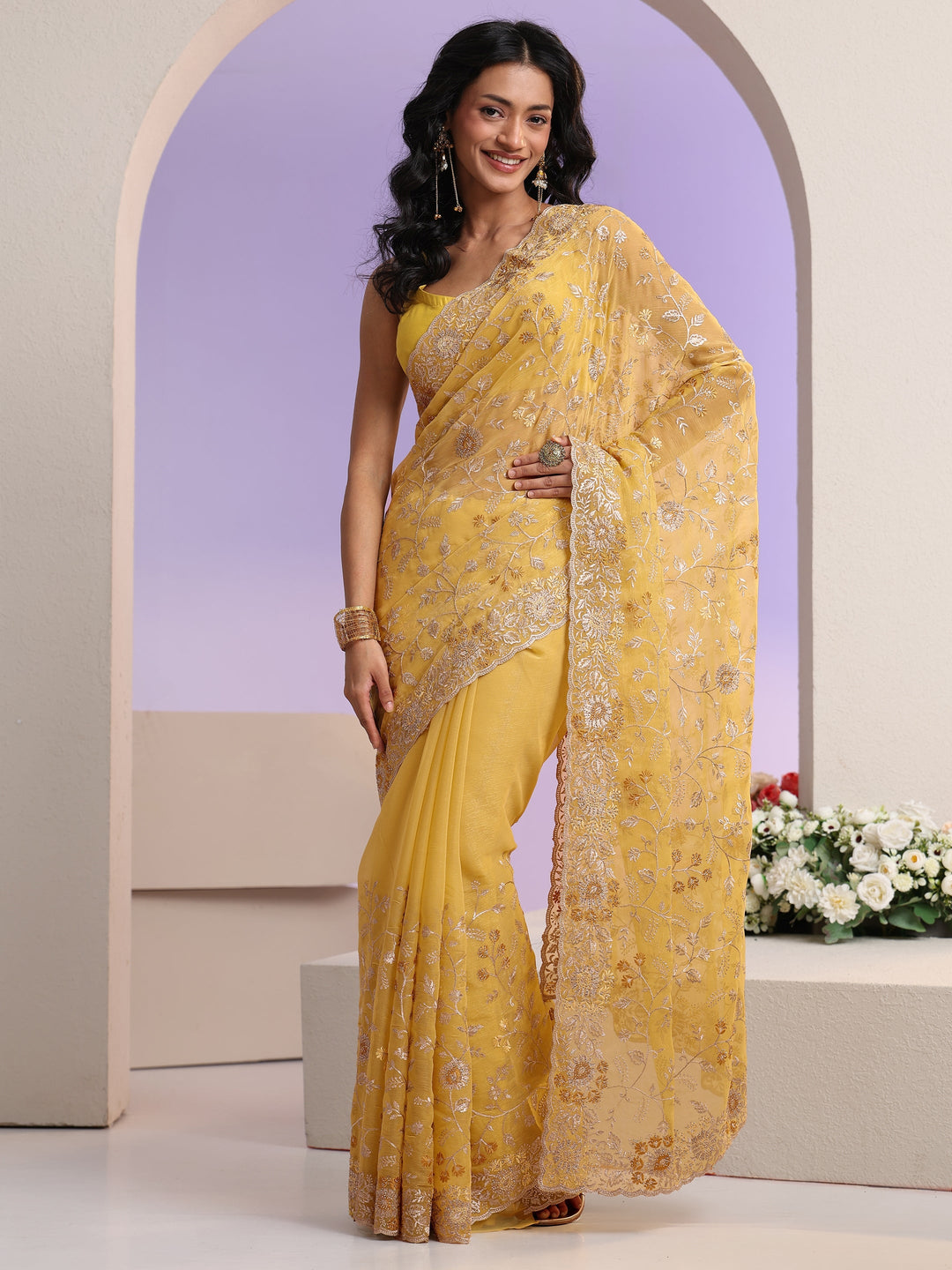 Libas Mustard Floral Embroidered Chiffon Saree
