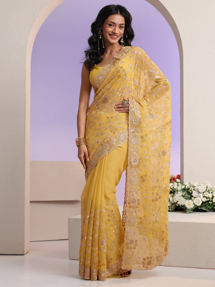 Libas Mustard Floral Embroidered Chiffon Saree