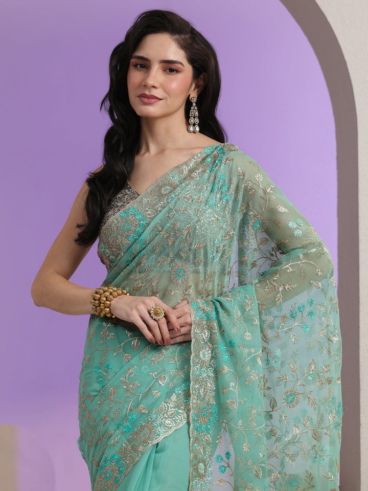 Libas Sea Green Floral Embroidered Chiffon Saree