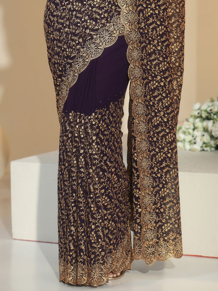 Libas Dark Purple Floral Embroidered Georgette Saree