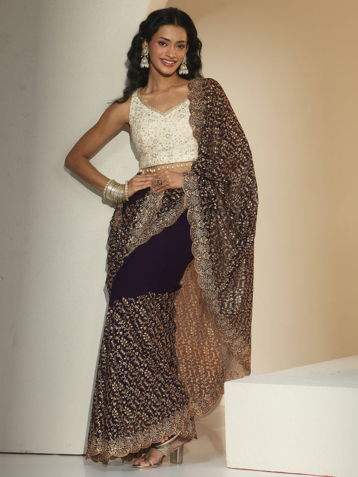 Libas Dark Purple Floral Embroidered Georgette Saree