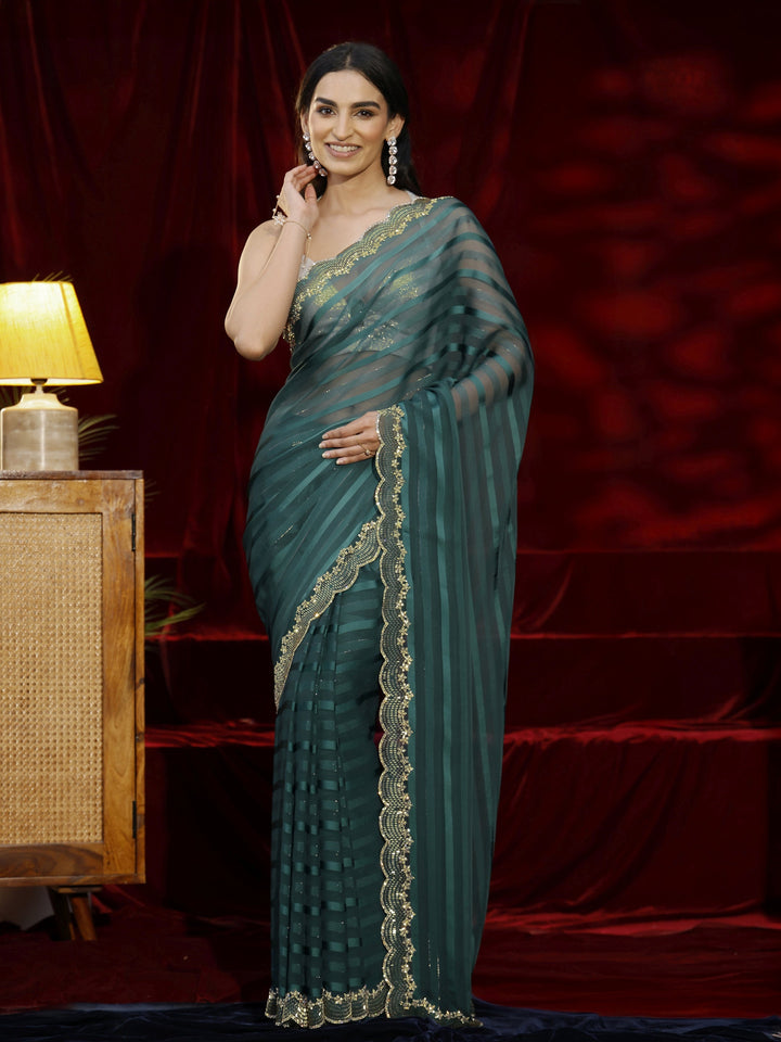 Libas Green Striped Net Saree
