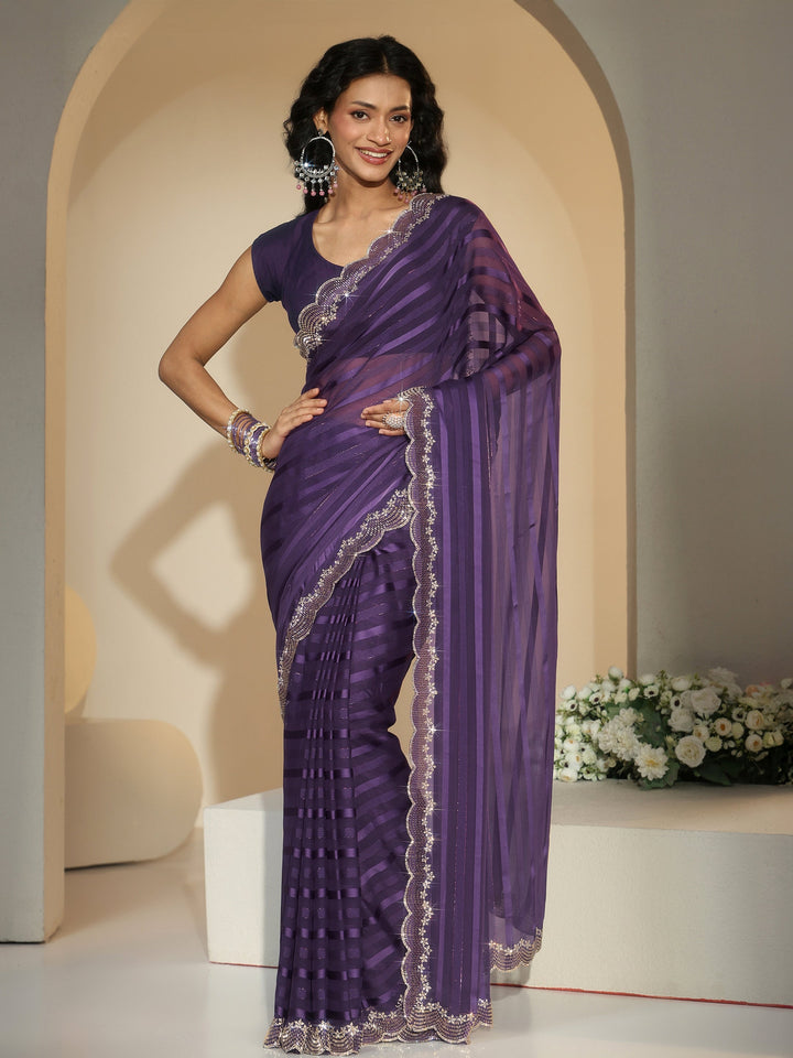 Libas Purple Striped Embellished Net Saree