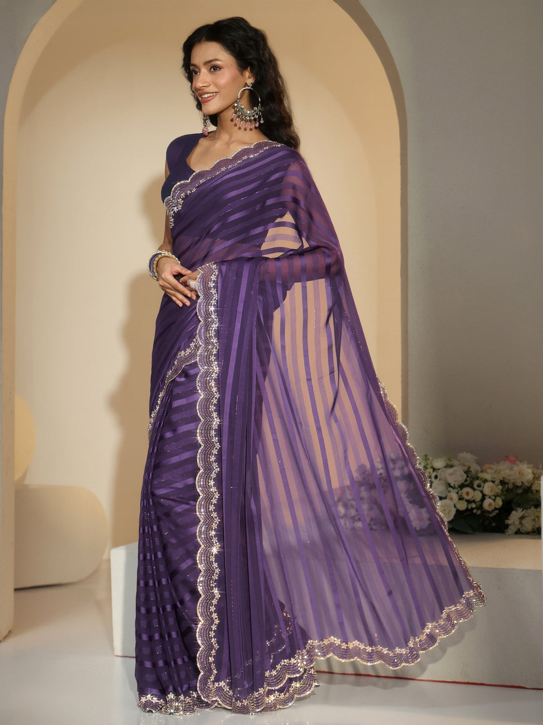 Libas Purple Striped Embellished Net Saree